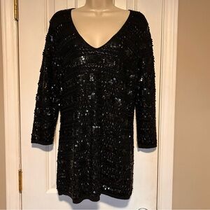 Sutton Studio 100% Cashmere Sweater Top Black Sequin 3/4 Sleeve V Neck | Large